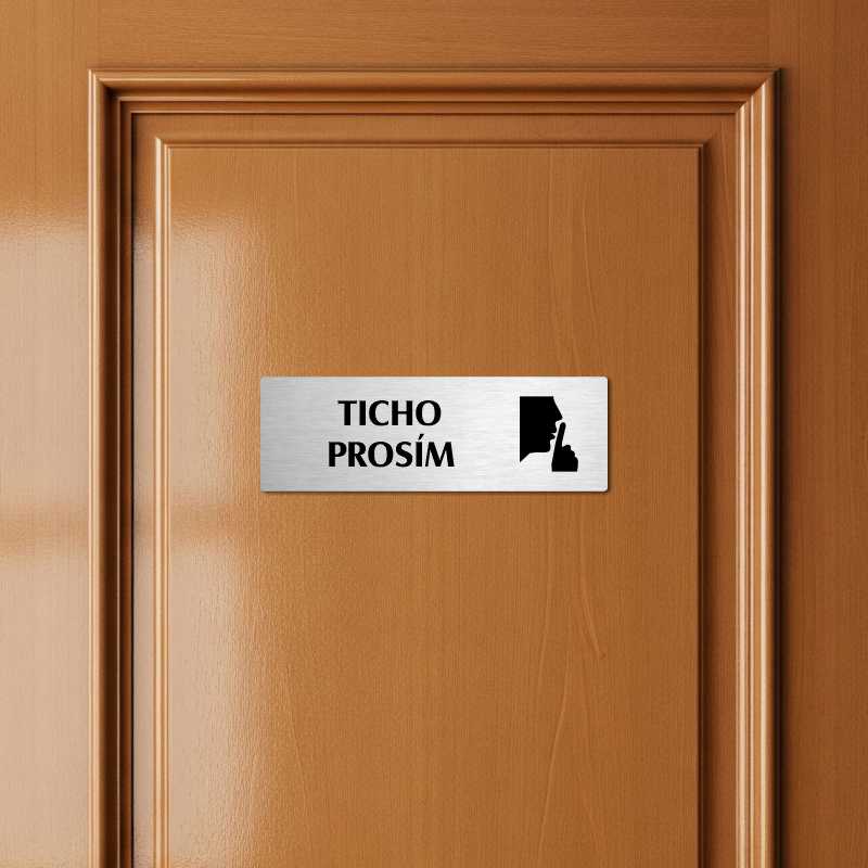 Ticho prosím, 240x79mm, stříbrná popiska s ozdobou uprostřed